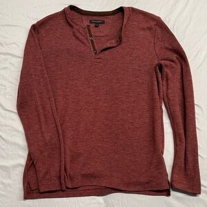 Banana Republic Red Henley with Brown Leather Collar Accents